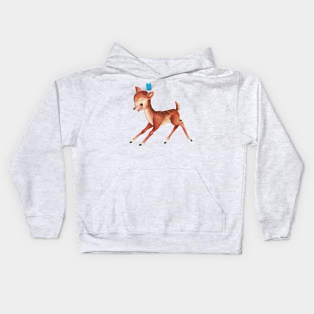 Playful baby deer and butterfly Kids Hoodie by LittleBean